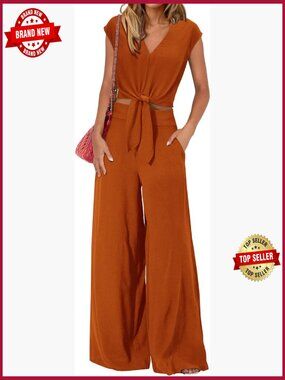 Women's 2 Piece Outfits Cap Sleeve V Neck Crop Top Wide Leg Pant Set Tracksuit